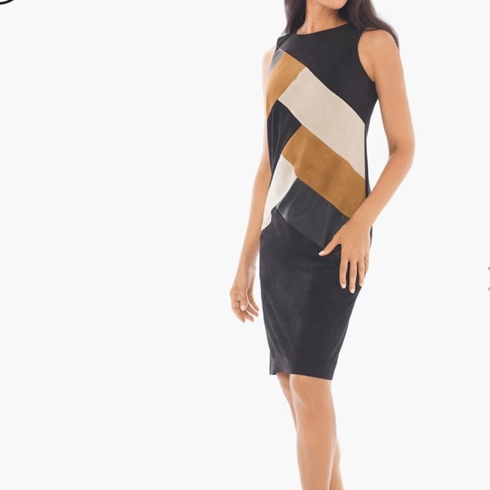 Chico’s Womens Pieced Short Sheath Dress Size 0.5 US Black Brown Faux Suede